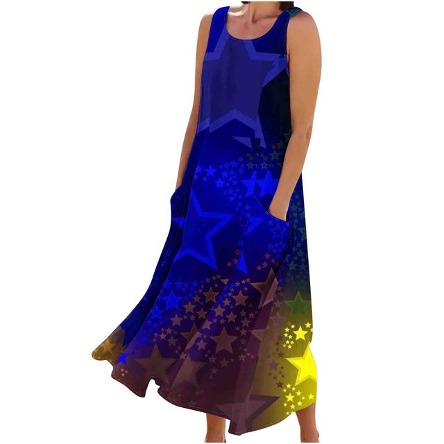 Robe Longue pour Femmes, Robe pour Femmes, Robe Longue Sans Manches à Col Rond Imprimée, Robe Longue pour Femmes Été, Robe d'Été Décontractée pour Femmes