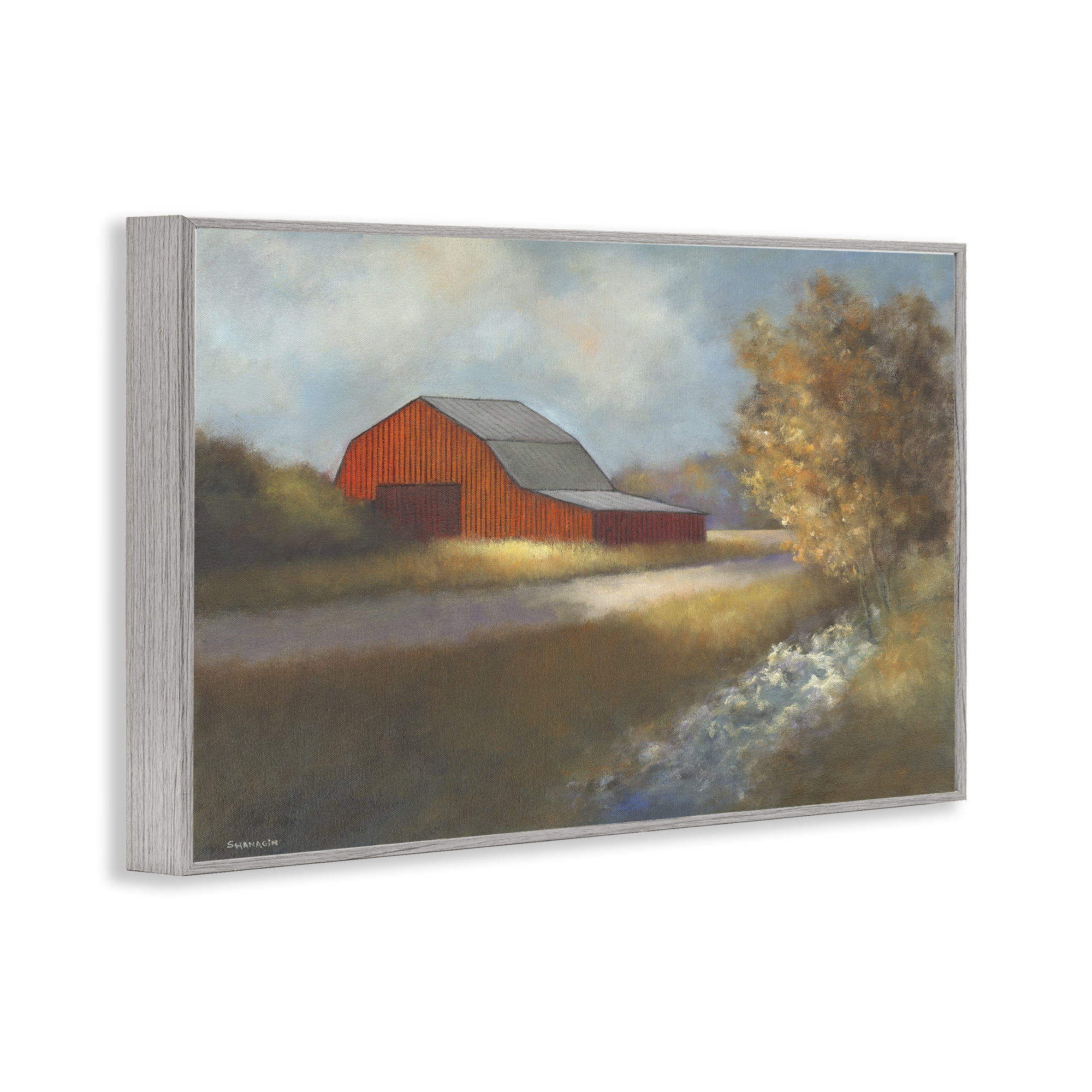 Stupell Industries Traditional Red Barn Landscape Painting Gray Framed Art Print Wall Art, 24 x 16
