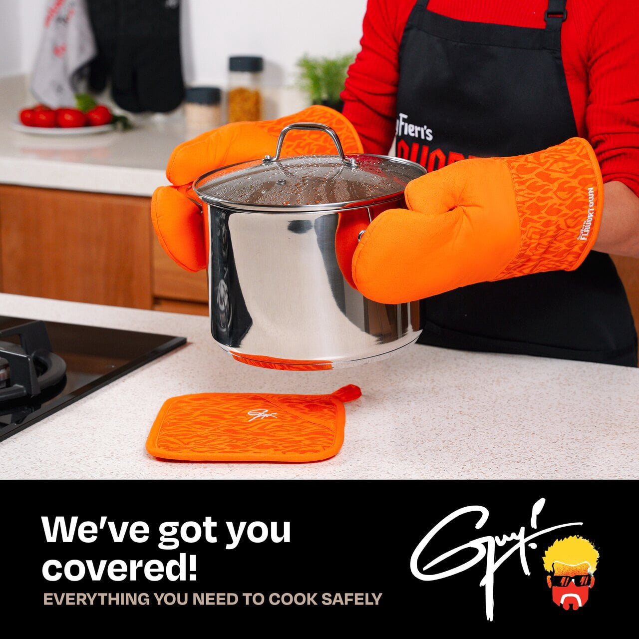 Guy Fieri's Flavortown Kitchen Essentials Bundles, Orange Flame 4-Piece Set, 2 Oven Mitts & 2 Pot Holders, High Heat Resistant up to 450°F