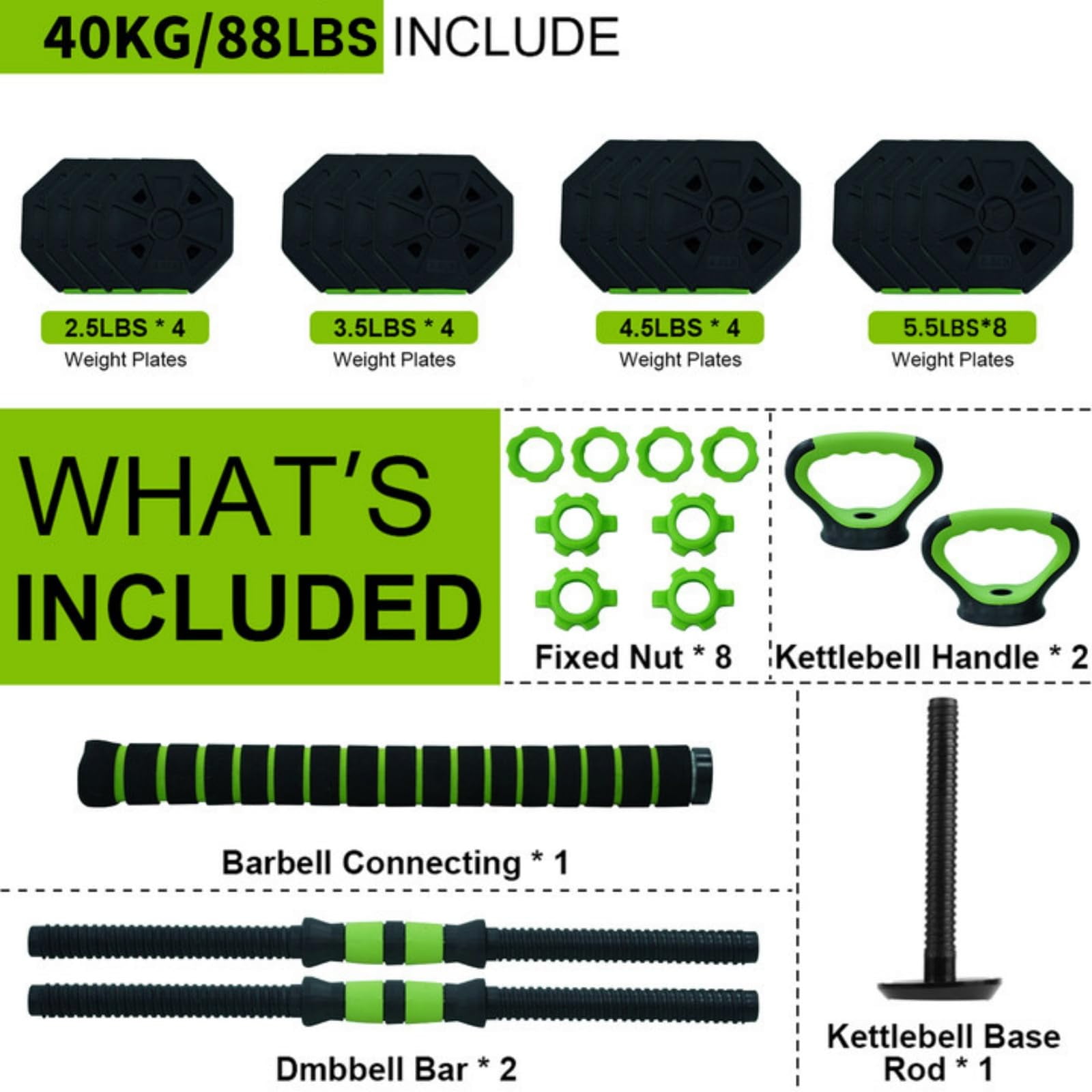 Kicctian 4-in-1 Adjustable Dumbbell & Kettlebell Set – Octagon Free Weights for Strength Training – Converts to Barbell & Push-Up Stand – 88 lbs Home Gym Fitness Equipment