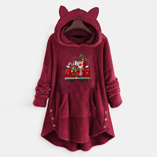 Pntutb Mujer Casual Navidad Impresión Botones De Felpa Manga Larga Con Capucha Abrigo De Felpa Top Rollbacks Pntutb Pntutb-4213