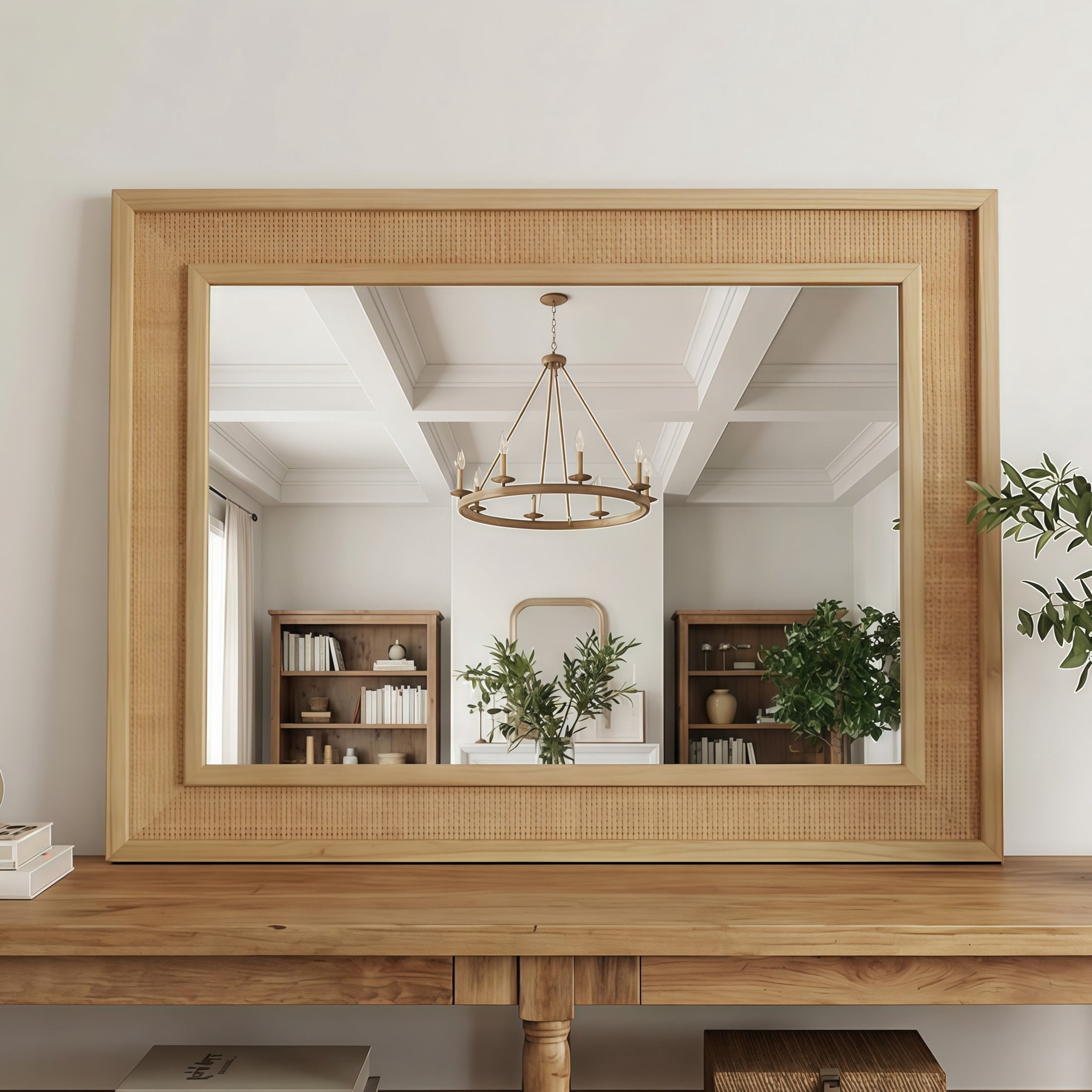 Noble House 20"x30" Rattan Rectangle Wall Mirror, Decorative Accent Bathroom Mirror with Solid Wood Frame, Natural Wood