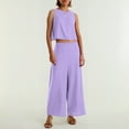 thumbnail image 2 of Conjunto de dos piezas de lino de color liso para mujer: top corto sin mangas con botones y pantalones de pierna ancha, tejido transpirable para el verano, 2 of 8