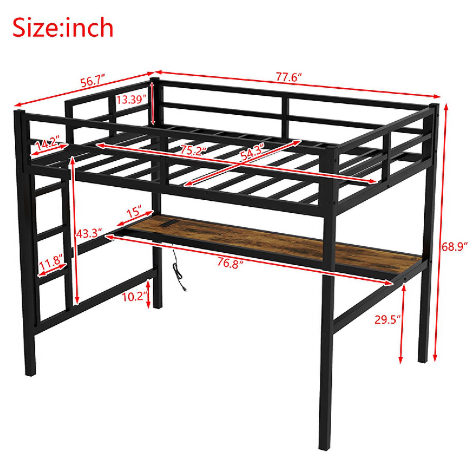 Aukfa Metal Full Size Loft Bed with Desk, Charging Station and LED Lights, Space-Saving, Noise Free, Black