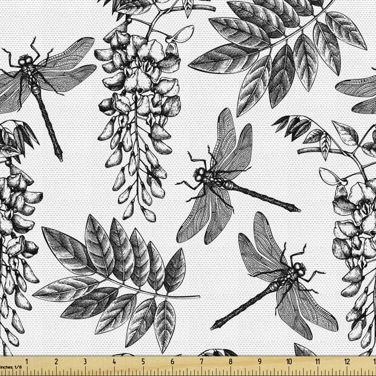 Ambesonne Dragonfly Upholstery Fabric by The Yard, Wisteria Flowers and Branches with Leaves in Vintage Sketch Style, Decorative Fabric for DIY and Home Accents