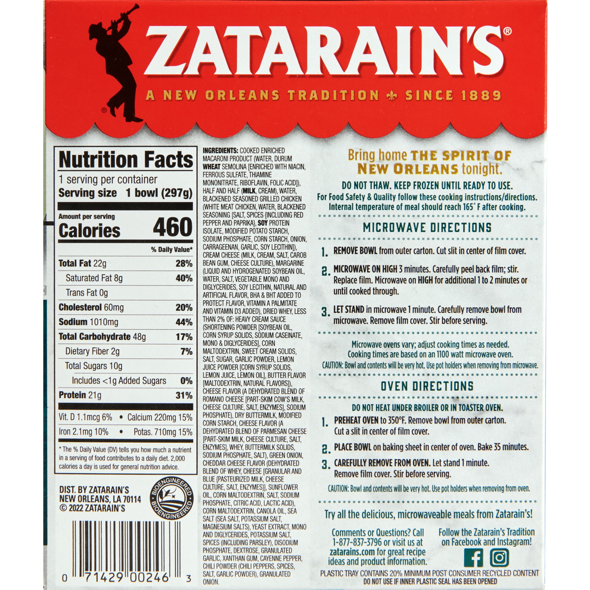 Zatarain's Frozen Meal - Blackened Chicken Alfredo, 40 oz Packaged Meals