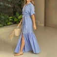 thumbnail image 5 of Xaqiouau Women Solid Color V Neck Short Sleeve Wrap Maxi Dress Waist Tie Front Slit Elegant Flowy Boho Chic Casual Vacation Daily Summer Dress Blue XL, 5 of 5