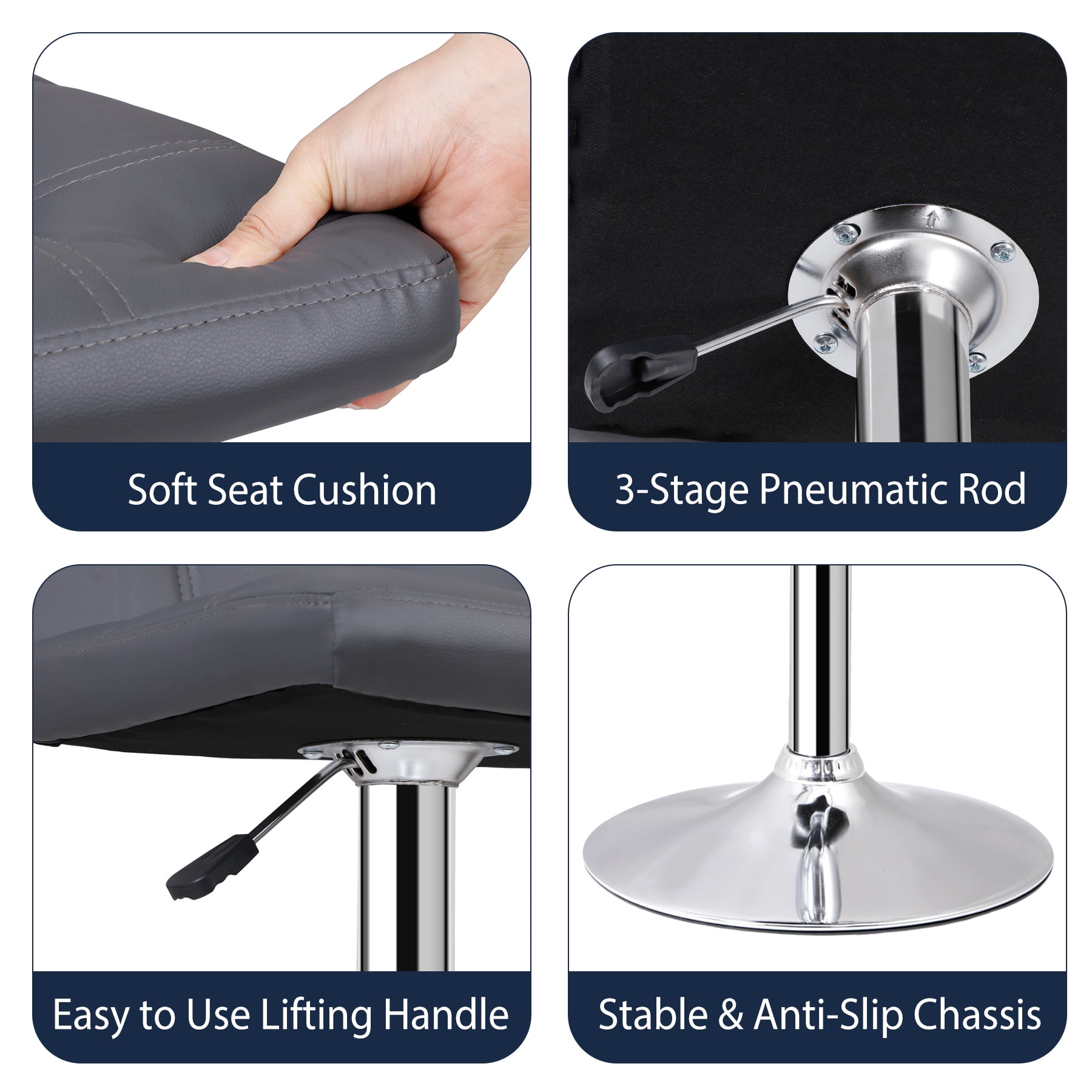 ZenSports Set of 4 Adjustable Stool W/Back - PU Leather Swivel Barstools Bar Indoor Kitchen Counter Stool Gray