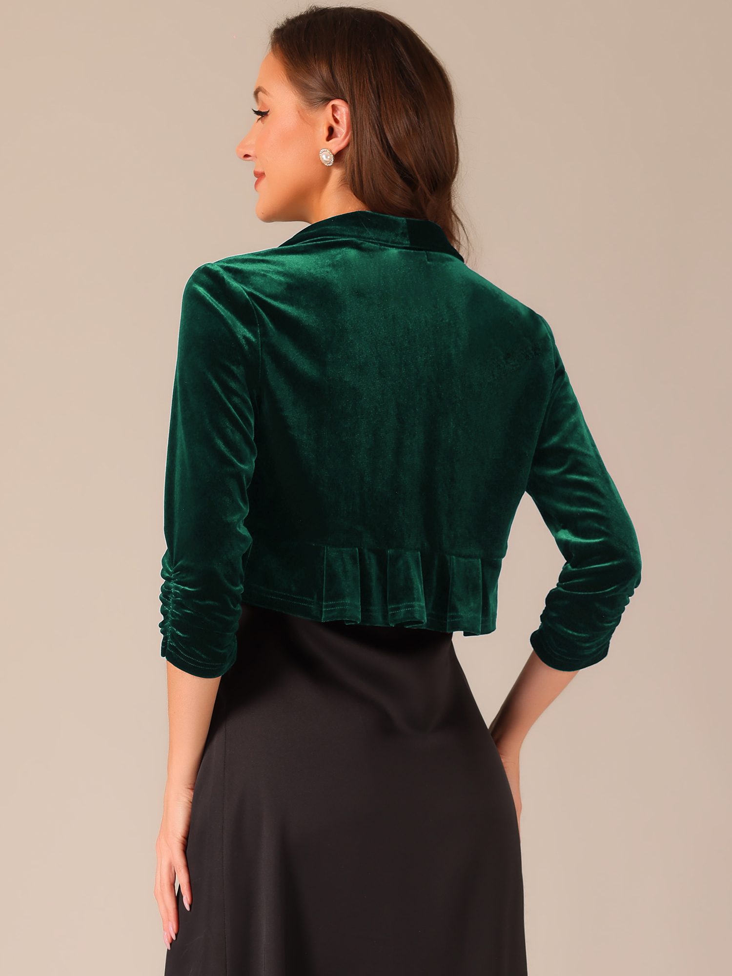 DARING DIVA Women's 3/4 Sleeve Velvet Shrug Open Front Bolero Cropped Cardigan Top XL Dark Green