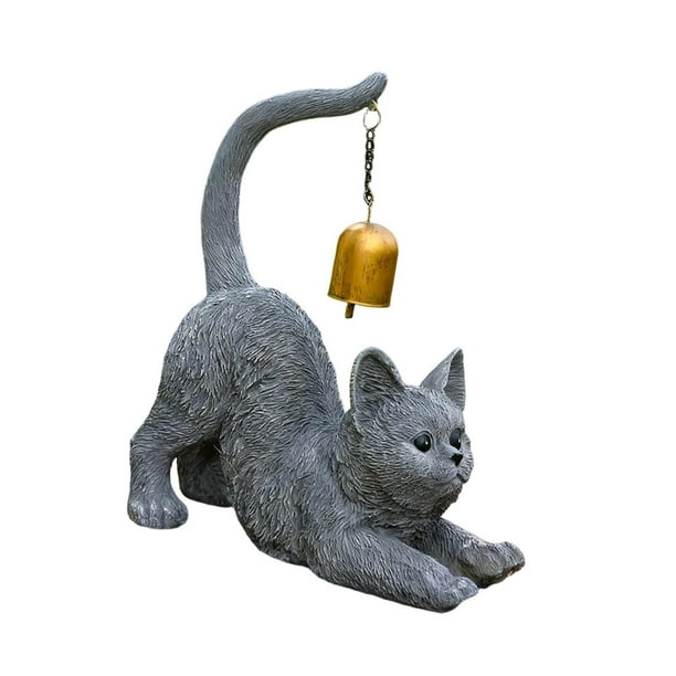 Estatua de gato, figura de gatito con campana, decoración de mesa, escultura de animal de resina Gris