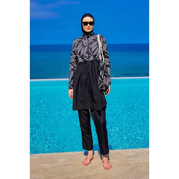Black Full Coverage Modest Swimwear Set For Women R2509