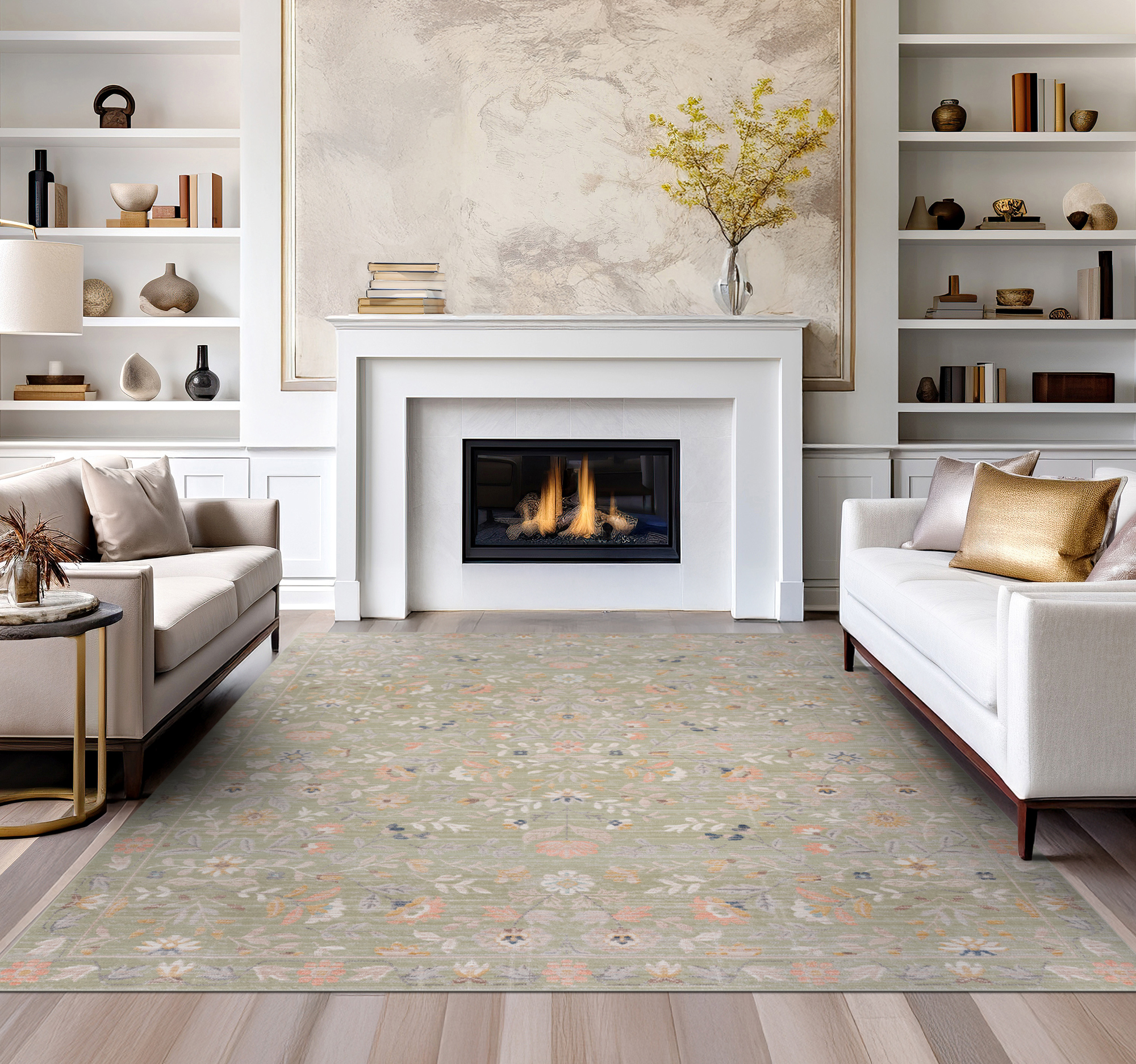 Crestwood Traditional Oriental 2x8 Sage and Gold Polyester Indoor Runner Rug, 2'3'' x 7'7''