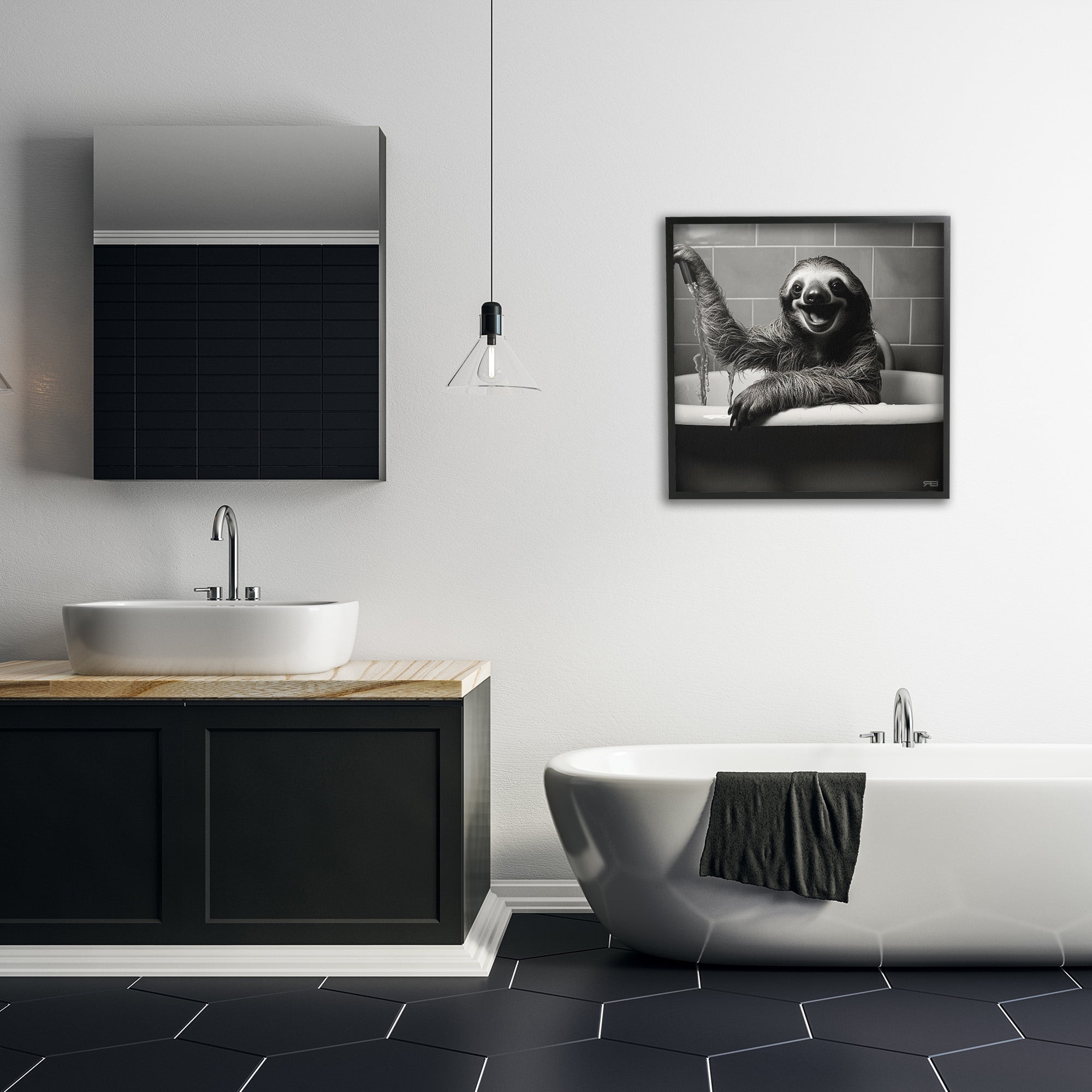 Stupell Industries Smiling Sloth in Tub Animals & Insects Painting Black Framed Art Print Wall Art, 24 x 24