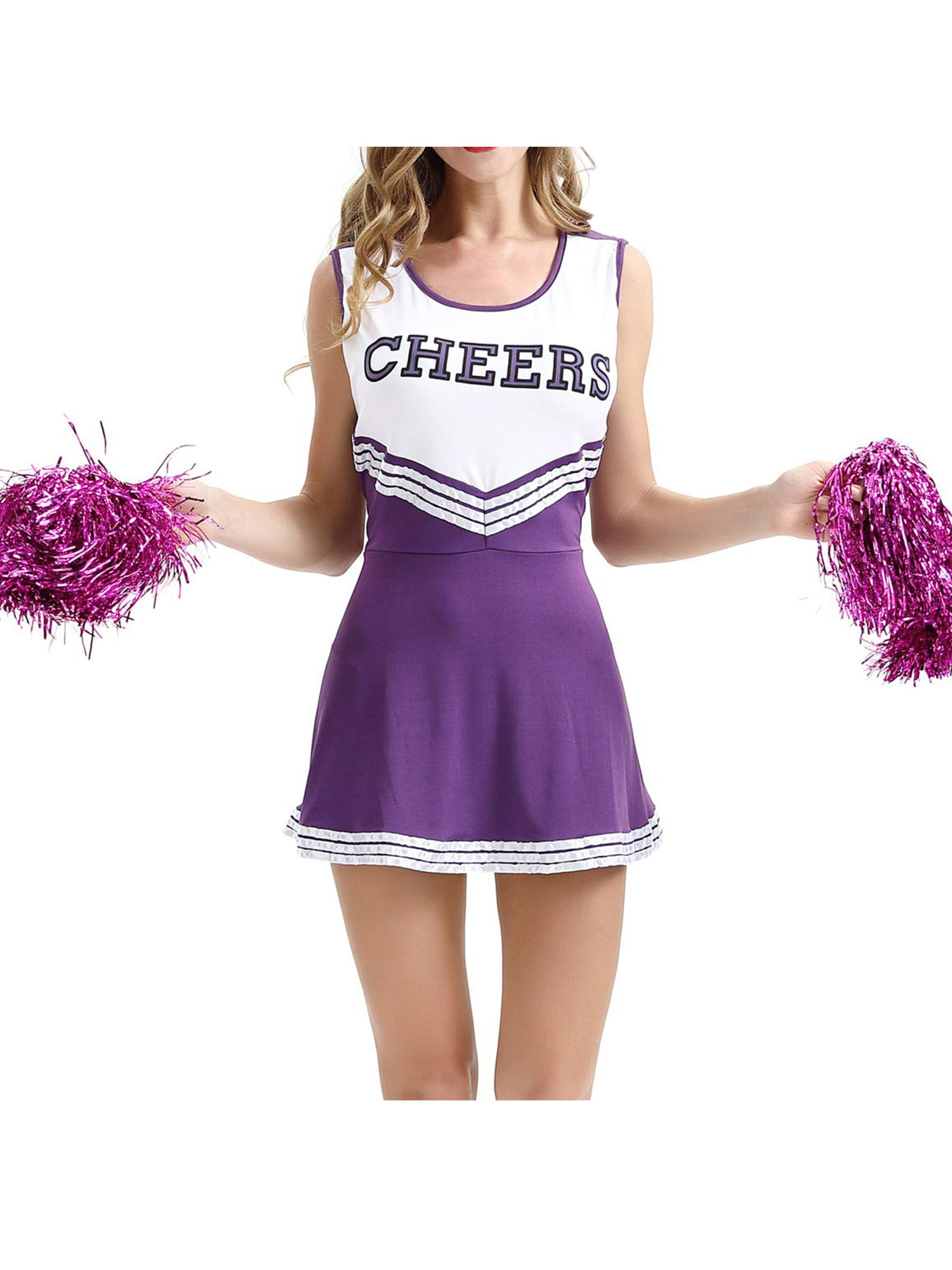 Women's Cheerleader Fancy Dress Costume With Pom Poms High School Musical Outfit 