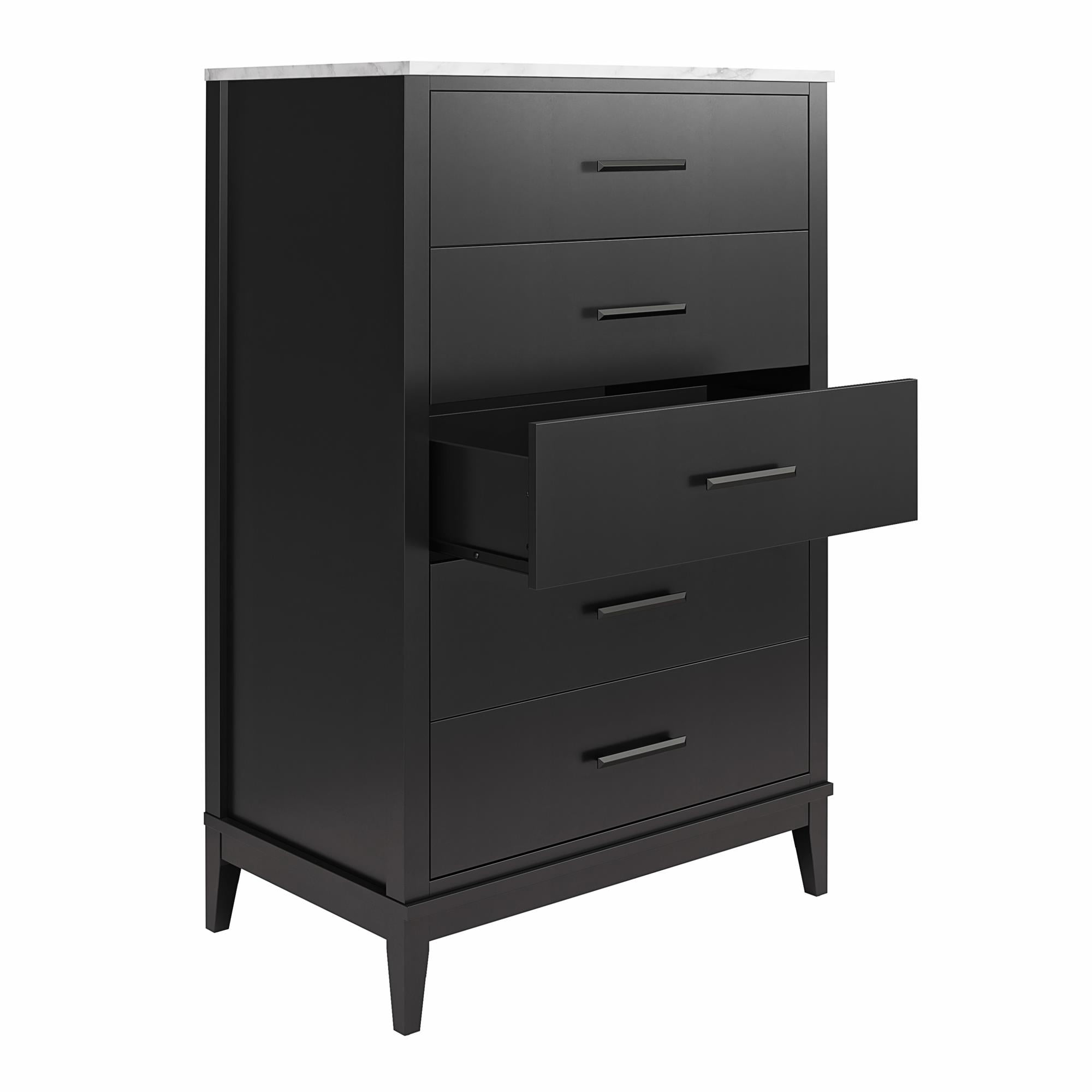 Ameriwood Home Amberleigh Tall 5 Drawer Dresser, Black w/ White Faux Marble Top
