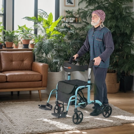 Resenkos Medical Mobility Walker,2-in-1 Adjustable Folding Handle Rollator Walker with Storage Space-Blue