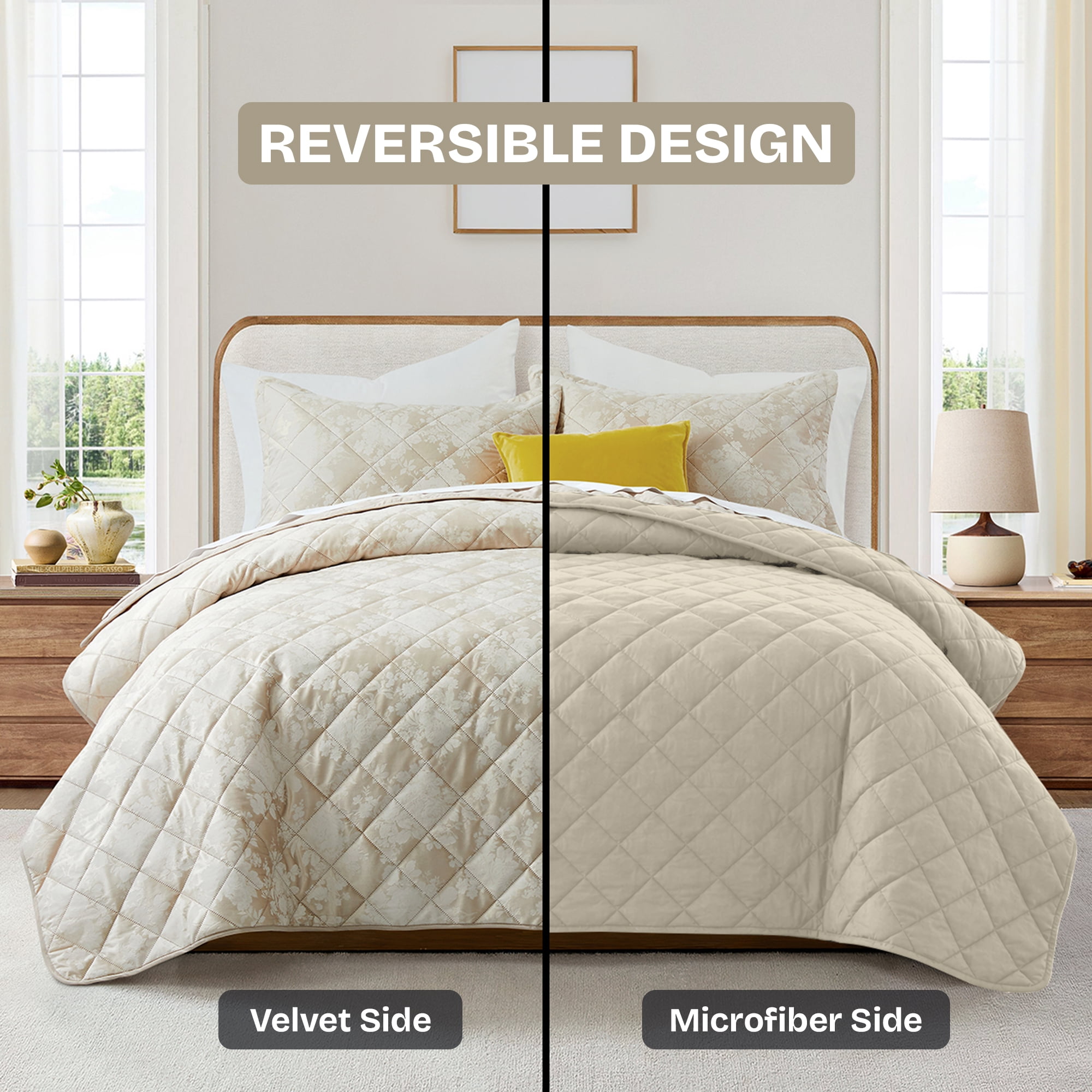 Ameha 3-Piece Velvet Quilt Set Floral Diamond Pattern Ultrasonic Embossed Bedspread Reversible Lightweight Microfiber Coverlet King Size Beige