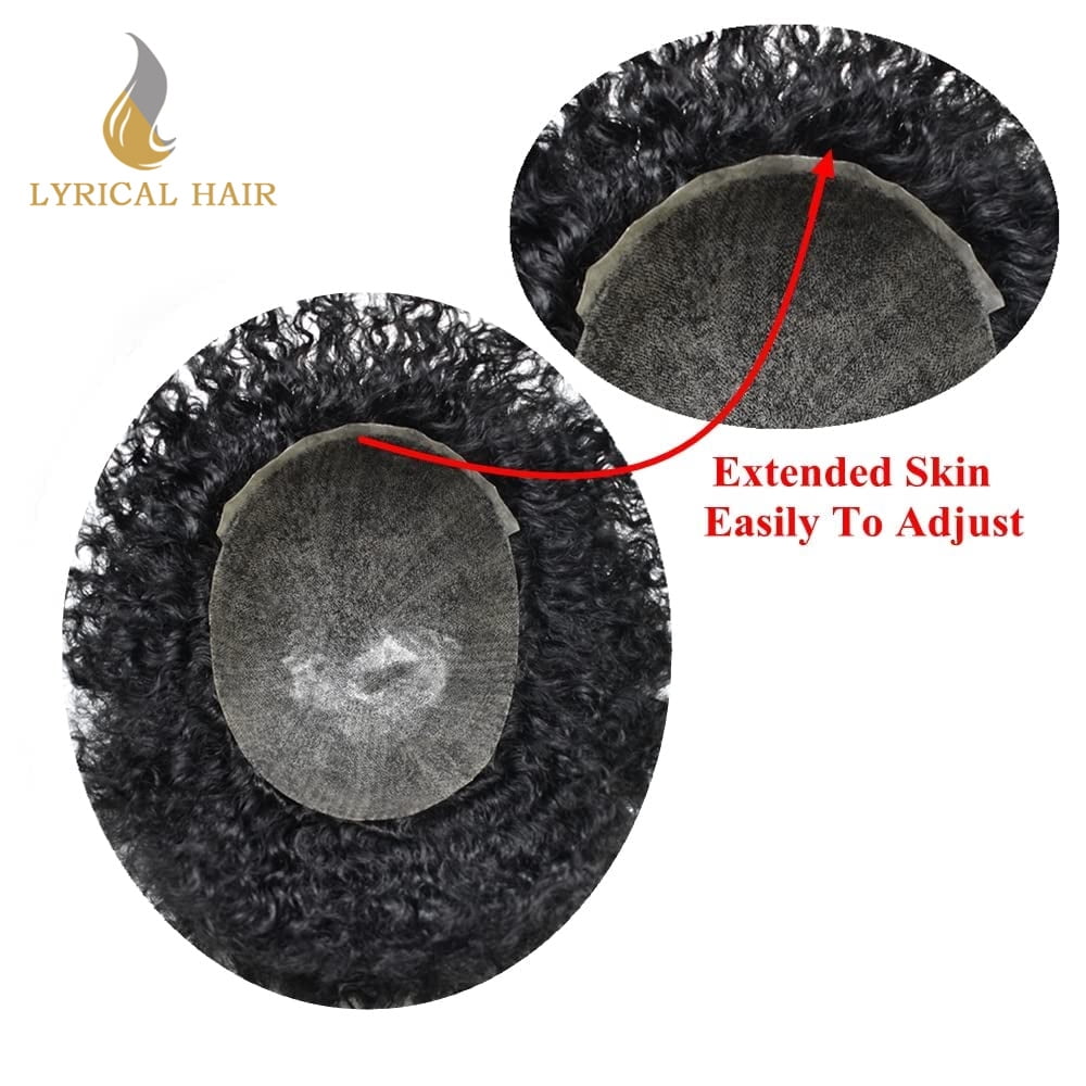 Lyricalhair Toupee for Men 8MM Kinky Curly Hairpieces for Man Brazilian Human Hair Replacement System Full PU Hair Units for African American Mens Wig Male Hair Prosthesis #1 Jet Black