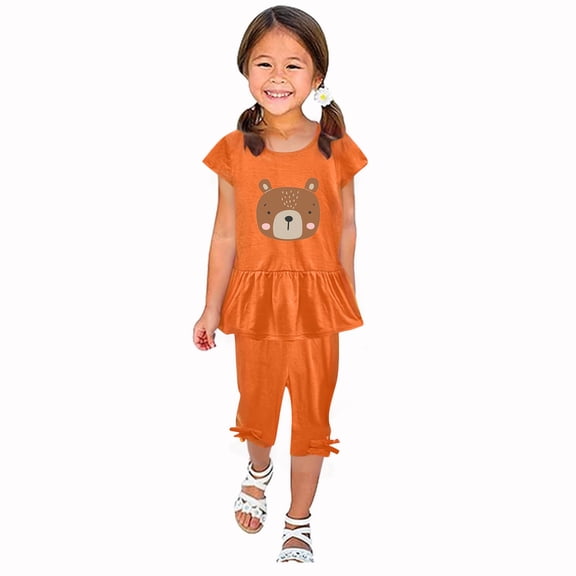 Zwiiyzr 1-10 Years Little & Big Girl Summer Outfits Cute Bear Ruffle Short Sleeved Flutter Sleeve Elastic Waist Cropped Pants Daisy 2Pcs Clothing Set Orange
