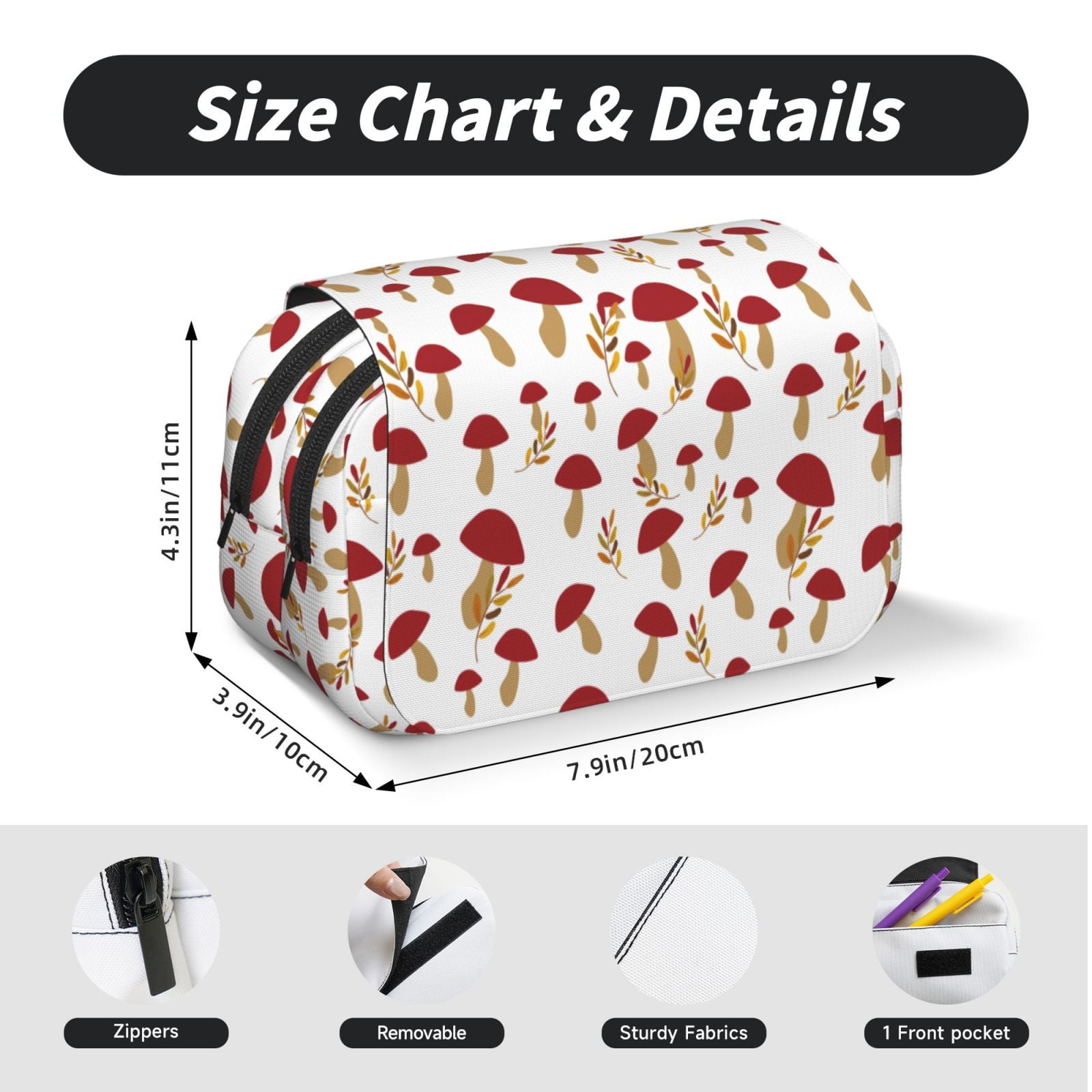 Rateoe Red Mushroom Pattern Double Clamshell Pen Case, Storage Organizer with Two Zipper Compartments– Holds Up to 50 Pencils & Pens