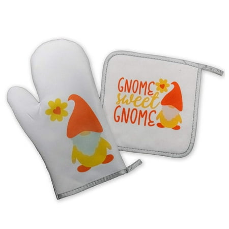 

Decorative Kitchen Pot Holders And Oven Mitts Set | Cute Gnome Sweet Gnome Spring Theme Yellow With Flower | White Oven Home Decor Holiday Decorations | Mothers Day Easter Summer Gift Present
