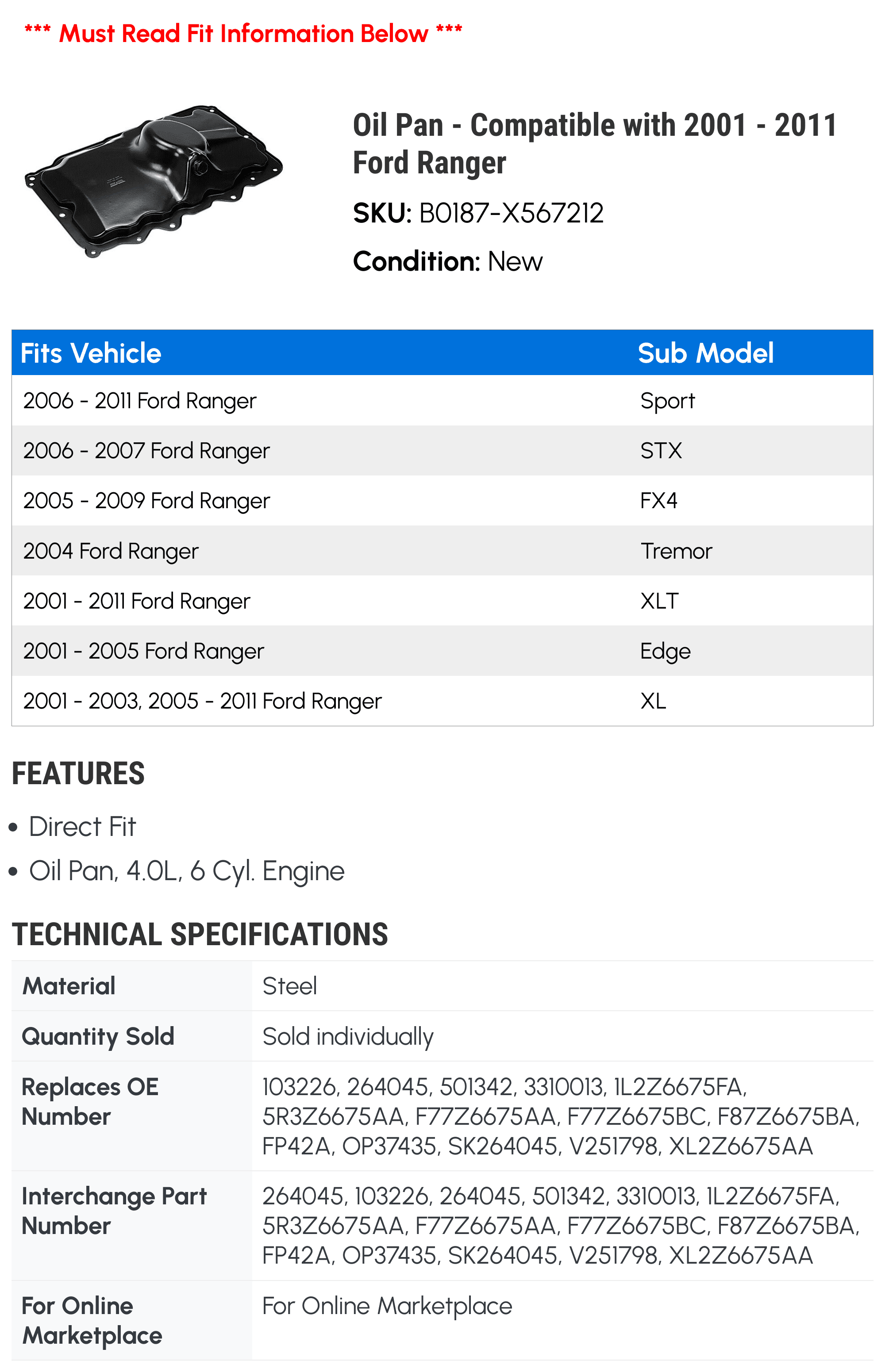 Oil Pan - Compatible with 2001 - 2011 Ford Ranger - JC Whitney