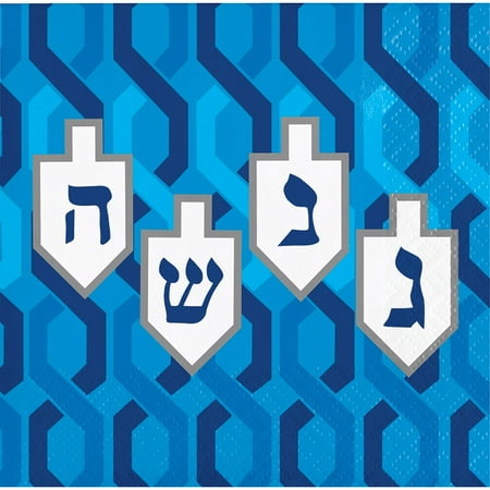 Club Pack of 192 Blue and White Hanukkah Dreidel 2-Ply Disposable Beverage Napkin 5"