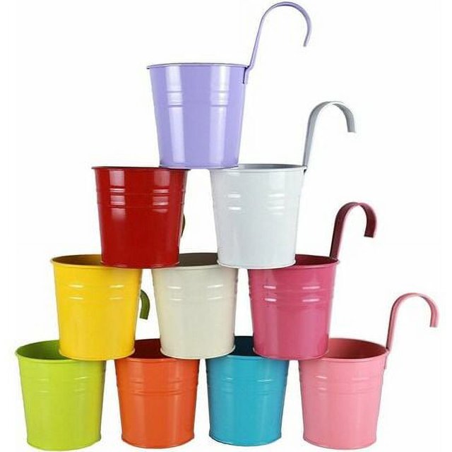 10 piezas de macetas colgantes de colores de metal, jardineras colgantes para balcón, de hierro con gancho, cesta de plantación, decoración, barandilla de pared para balcón, jardín, patio al aire