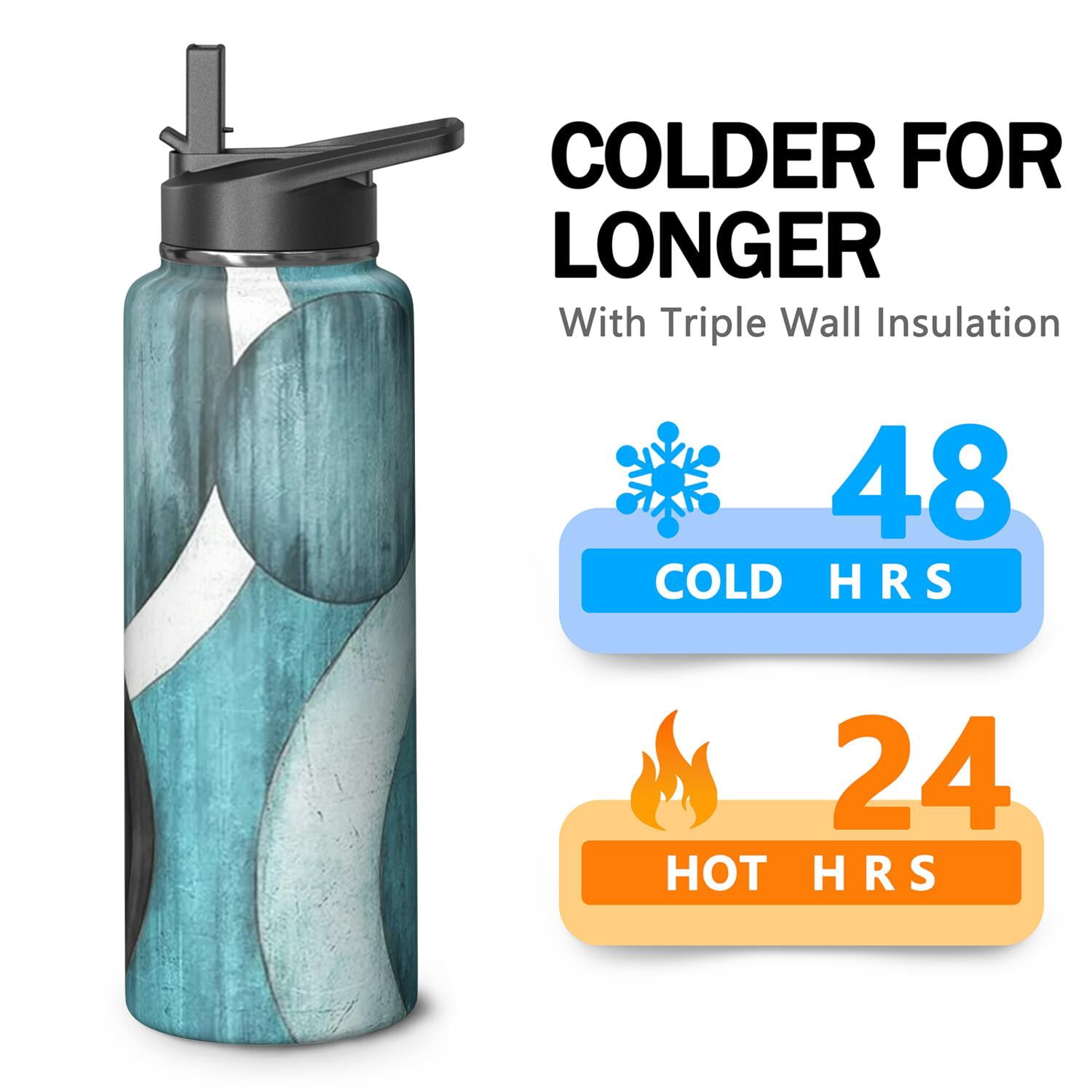 40oz Sports Water Bottle Bohemian Boho Themed Design Triple Walled Insulated Stainless Steel With Straw Leak Proof for Travel Gym