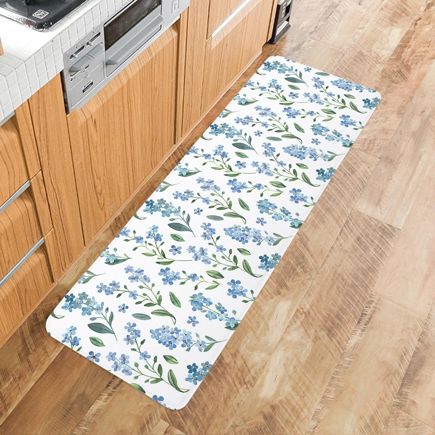 Farmhouse Blue Flower Kitchen Floor Mats, Blossom Floral Green Leaf 2 PCS Anti Fatigue Area Runner Rugs Set Rural Botanical Non-Slip Bathroom Comfort Standing Mat Home Decor