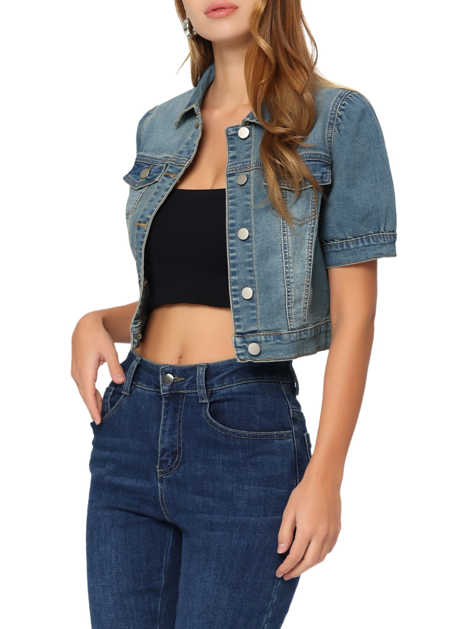DARING DIVA Women's Cropped Jackets Puff Button Down Washed Denim Jean Jacket S Blue