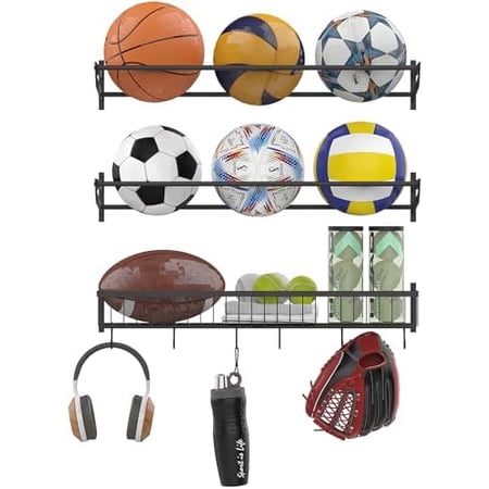 Sports Equipment Organizer with 3 Separate Shelf Ball Racks for Garage Garage Sport Equipment Organizer with Hooks Wall Mount Sports Holder Storage Black$$Sport & Recreation Other