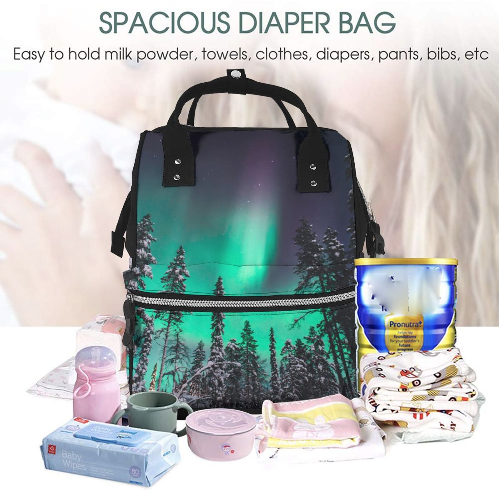 Ratiio Northern Lights 2 Mummy Backpack - Waterproof Twill Canvas, Large Capacity Diaper Bag with Multiple Pockets and Adjustable Straps