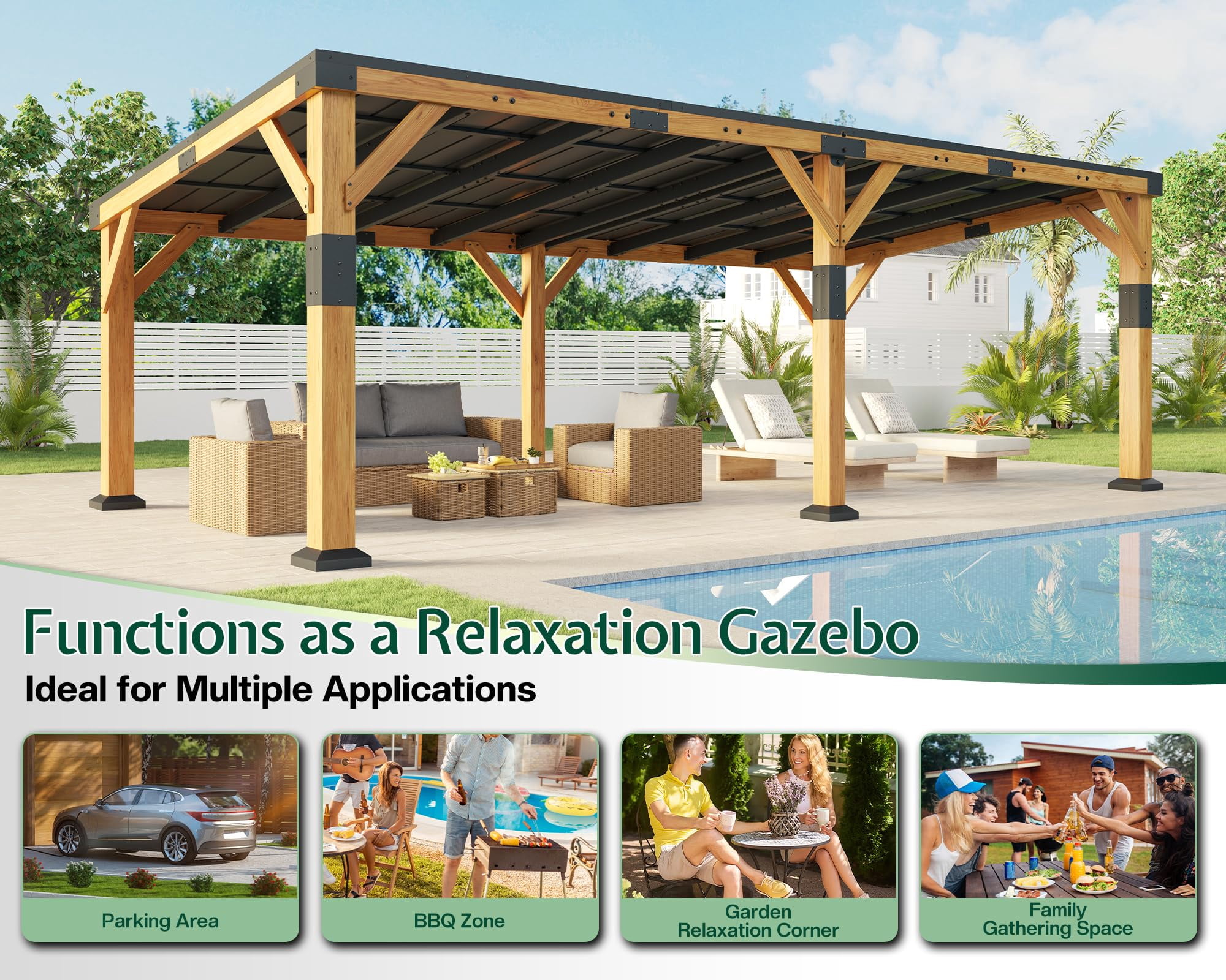 Jocisland 12x24x8.2 FT Cedar Wood Carport for 2 Cars, Heavy Duty Canopy Carport with Sloped Galvanized Steel Roof for All Weather