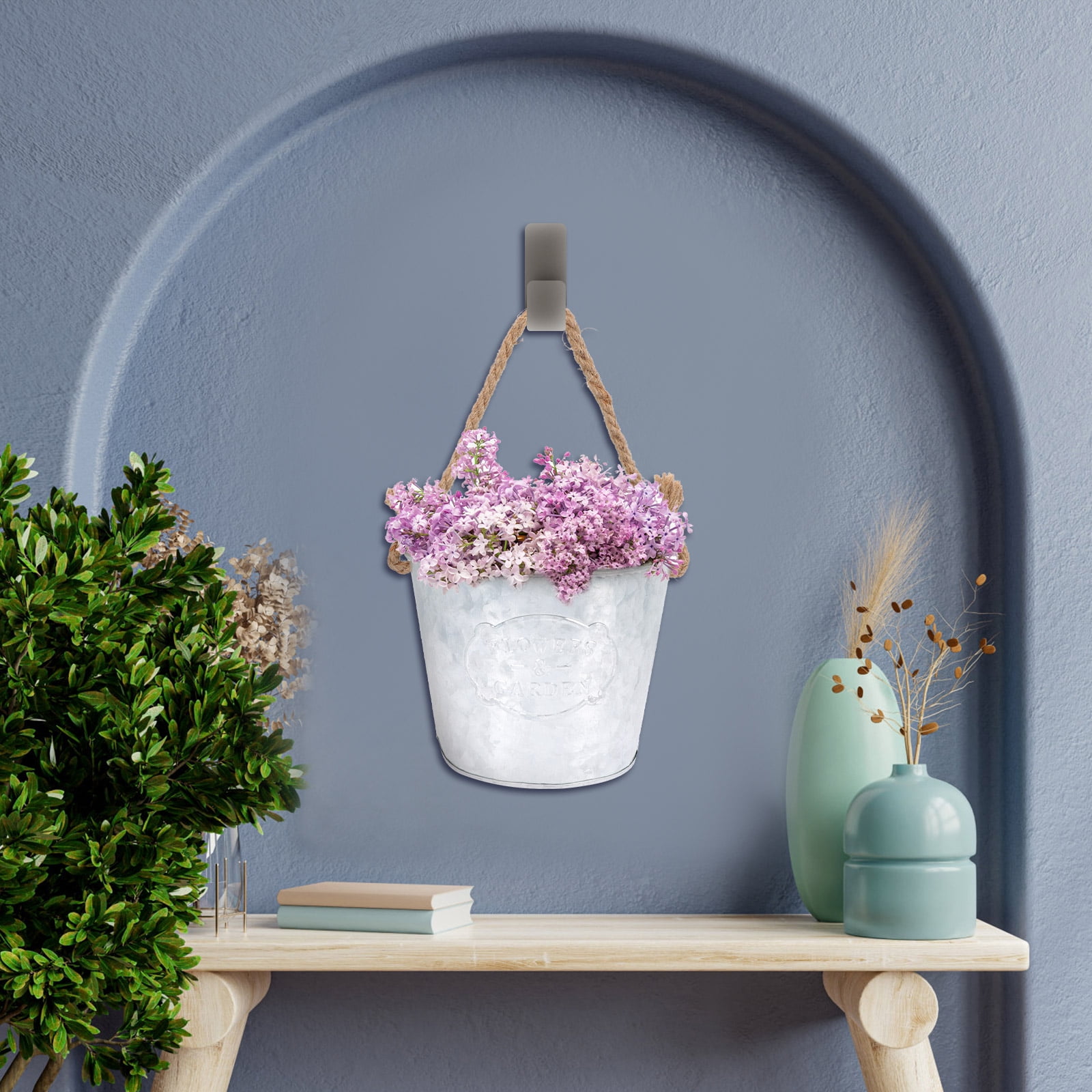 LITINKIMI Rustic Metal Flower Bucket Silver Hanging Planter for Indoor Use 2Pcs