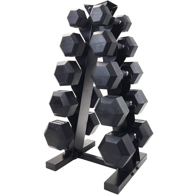 PRISP Hex Dumbbells Weight Set - 150 lb - Cast Iron Hand Weights with Rubber Grip and Vertical Dumbbell Rack; for Home Gym, Exercise and Fitness