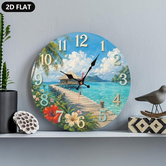 Tropical Beach Pier Wall Clock, Hawaiian Island Hut Hibiscus Palm Tree Round Silent Non-Ticking Wall Clock, Coastal Ocean Seascape Art Clock, Beach House Nautical Decor for Living Room