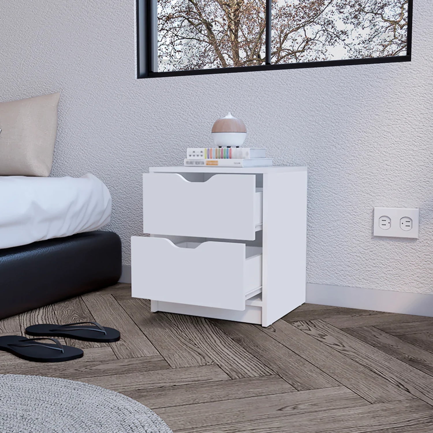 HomeRoots 19 in. Two Drawer Faux Wood Nightstand, White