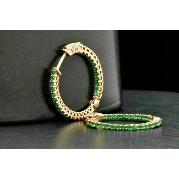 Women's 2.00Ct Round Cut Lab Created Green Emerald Hoop Earrings in 14k Yellow Gold Plated