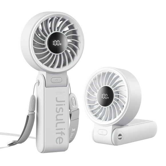 JISULIFE Versatile Portable Fan with LED Display, 3600mAh USB Rechargeable Battery, 5-Speed, Lanyard Included