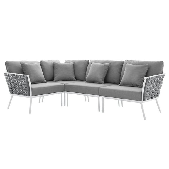 Lounge Sectional Sofa Chair Set, White Grey Gray, Aluminum, Metal, Fabric, Modern Contemporary, Outdoor Patio Balcony Cafe Bistro Garden Furniture Hotel Hospitality