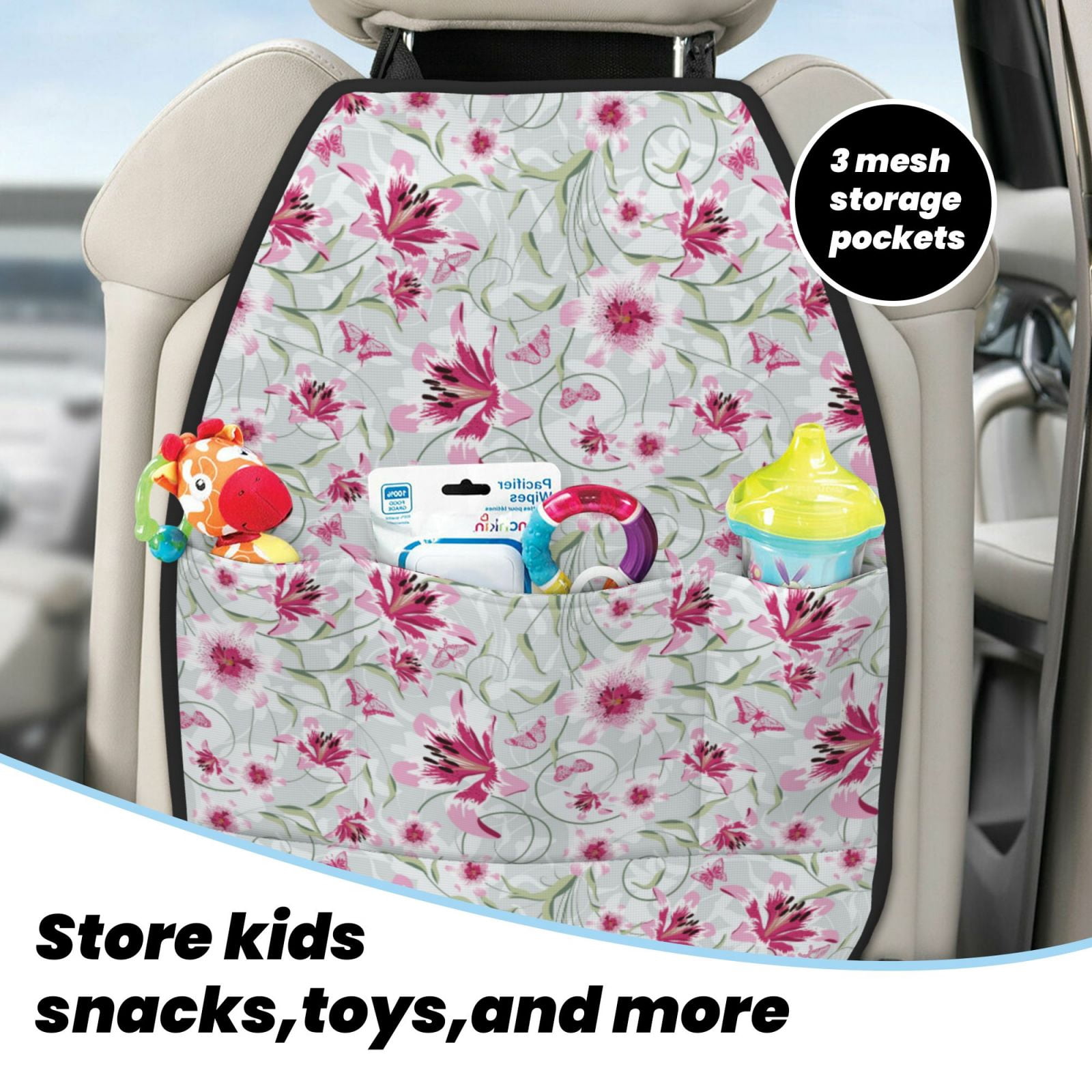 Xecao Lilies Flowers Pattern Car Seat Back Protector 2 Pack Large Capacity Pocket, Kick Mats Back Seat Protector