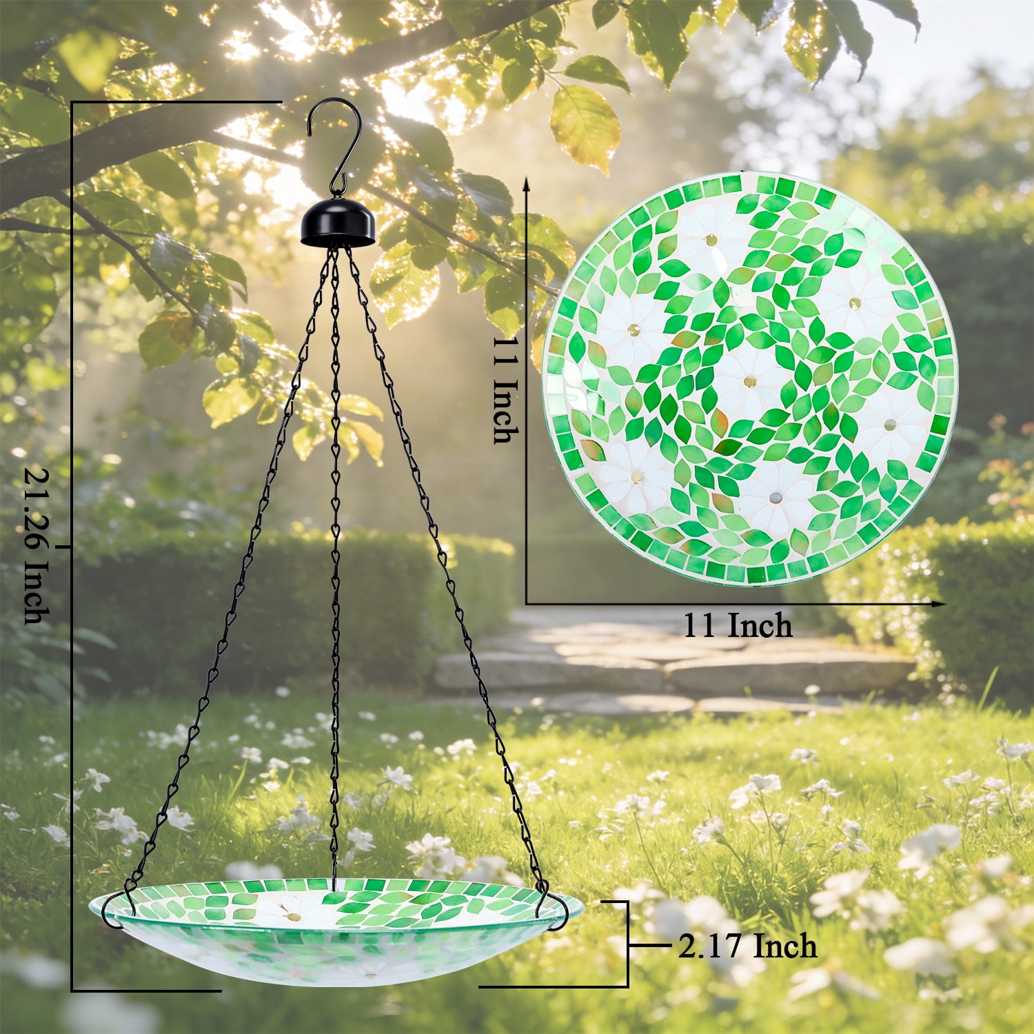 Hanging Bird Bath, Glass Mosaic Bird Baths for Outdoors Birdfeeder with 21 inch Rust-Proof Chain for Garden Yard Decor