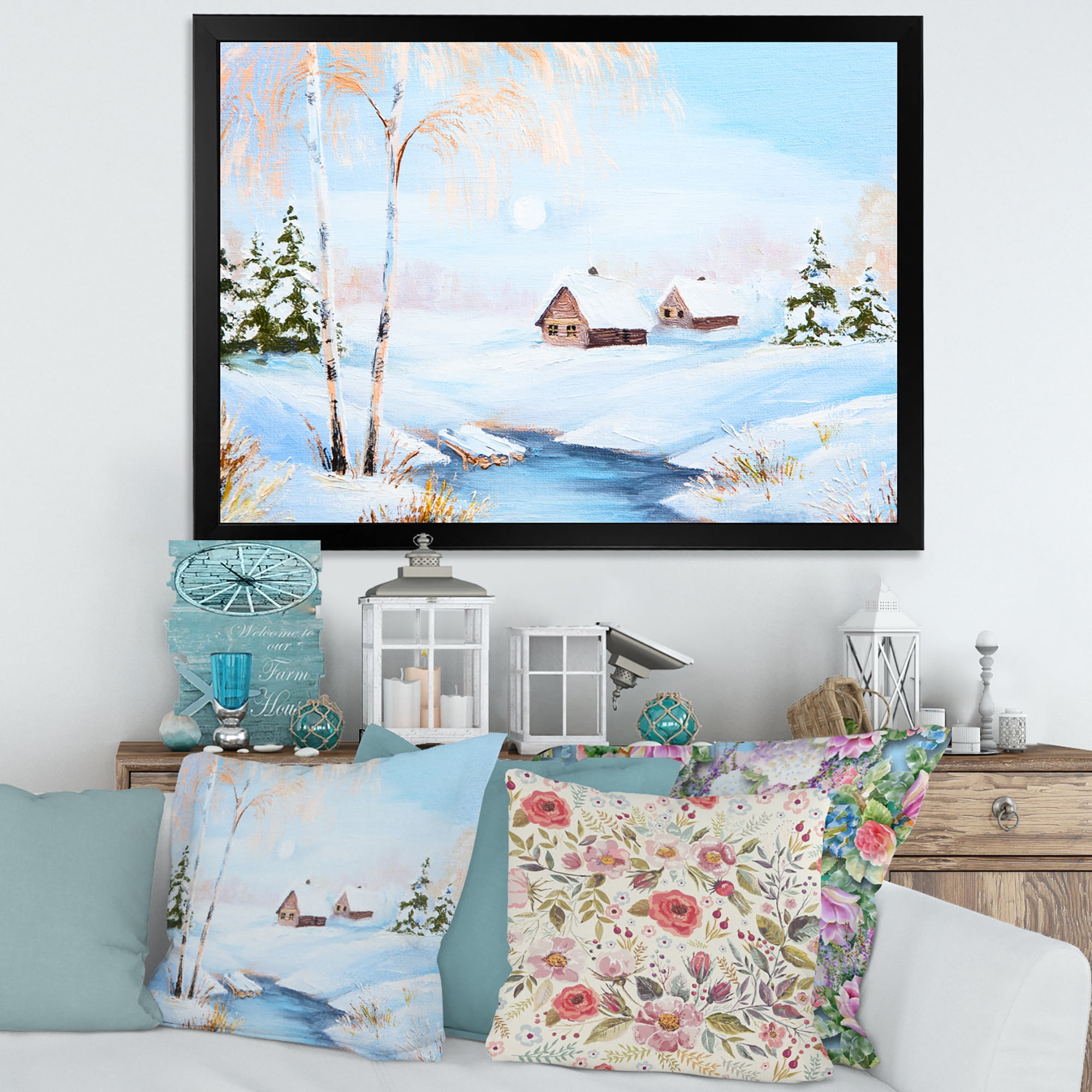 Designart 'Frozen River In The Forest Winter Landscape' Lake House Framed Art Print