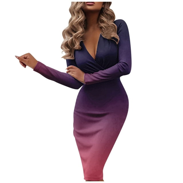 Gibobby Vestidos de fiesta largos Vestidos sexis para mujer, cuello en V, vestido ajustado para trabajo, vestido Vintage elegante y delgado para oficina(Morado,XL)