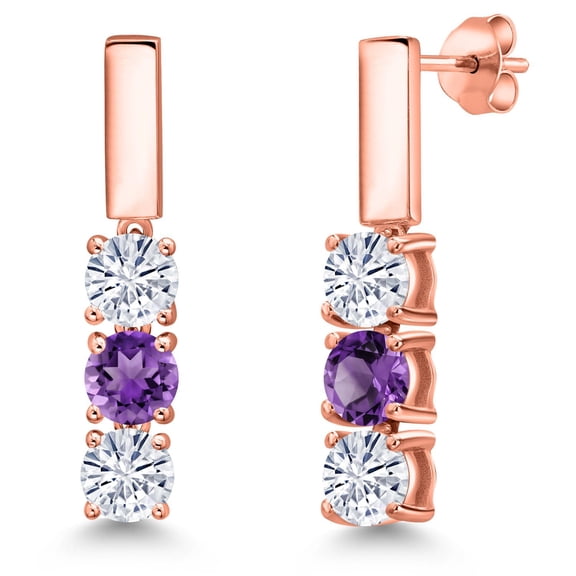 Gem Stone King 18K Rose Gold Plated Silver White Moissanite and Purple Amethyst Drop Dangle Earrings for Women | 1.48 Cttw | Gemstone Birthstone | Round 5MM