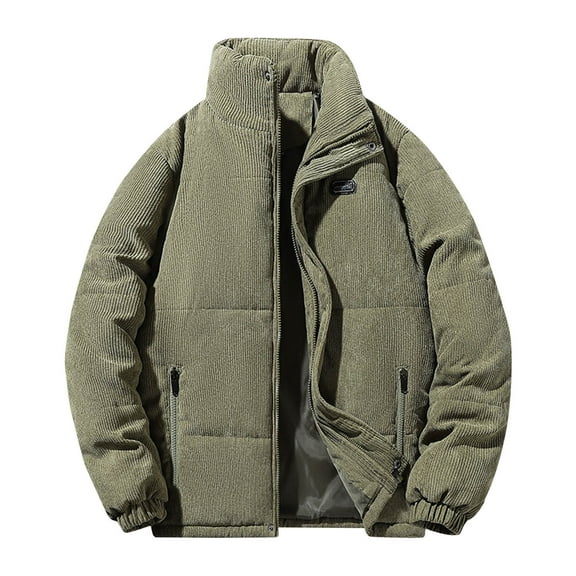 Olyvenn Mens Quilted Bubble Puffer Corduroy Jacket Mock Neck Zip Up Long Sleeve Winter Bomber Coat Fall Ribbed Tops Outerwear Army Green 8