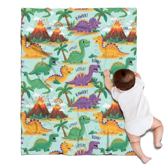 LightBlue Cartoon Dinosaurs Volcanoes Pattern Blanket,Comfortable Soft Flannel Throw Blanket,All Season,Warm Lightweight Blankets for Sofa Bed Couch Living Room Chair,30"x40"