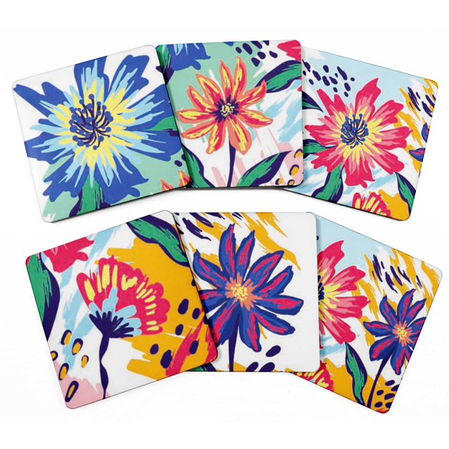 Inkdotpot Set of 6 Drink Coasters DecorativeNon,SlipCork Base4-inch Square PrintedCoastersEasy Clean- Floral