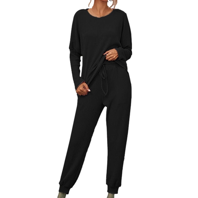 Mrat Knit Two Piece Outfits for Women Long Sleeve Ribbed Tops Drawstring Pants with Pockets Sweatsuit Set S-2 Black L